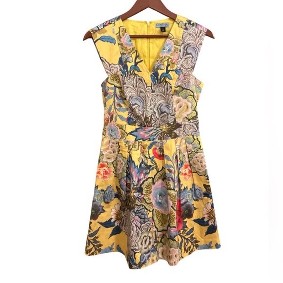 Cynthia Rowley V-neckline Pleated Flare Skirt Sleeveless Floral Dress - Size 4 - Picture 2 of 9